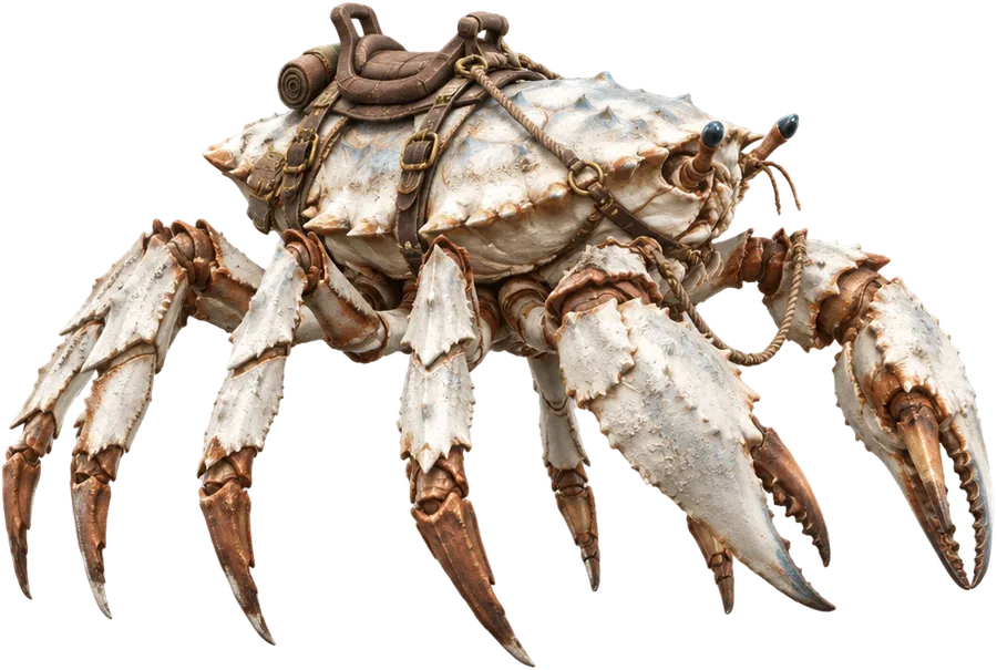 Shorecrab, kepiting darat sebesar kuda dengan cangkang putih pucat, pelana kulit, dan tali kekang bercincin kuningan.